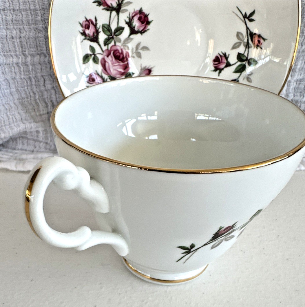 English Bone China Cup & Saucer Vintage White and Gold Pink Roses Hand Painted