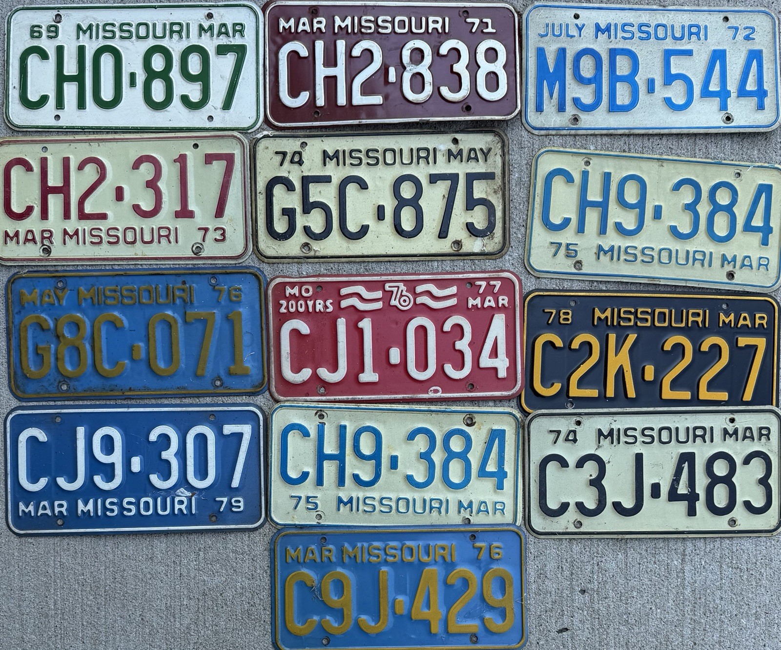 Vintage Missouri License Plate Lot 13 Plates 1969-1979 Bicentennial Man Cave YOM