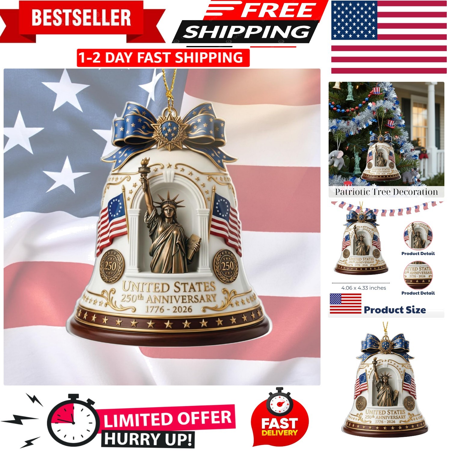 Patriotic Decorations 250 Anniversary Ornament – Statue of Liberty Bell, 4th…