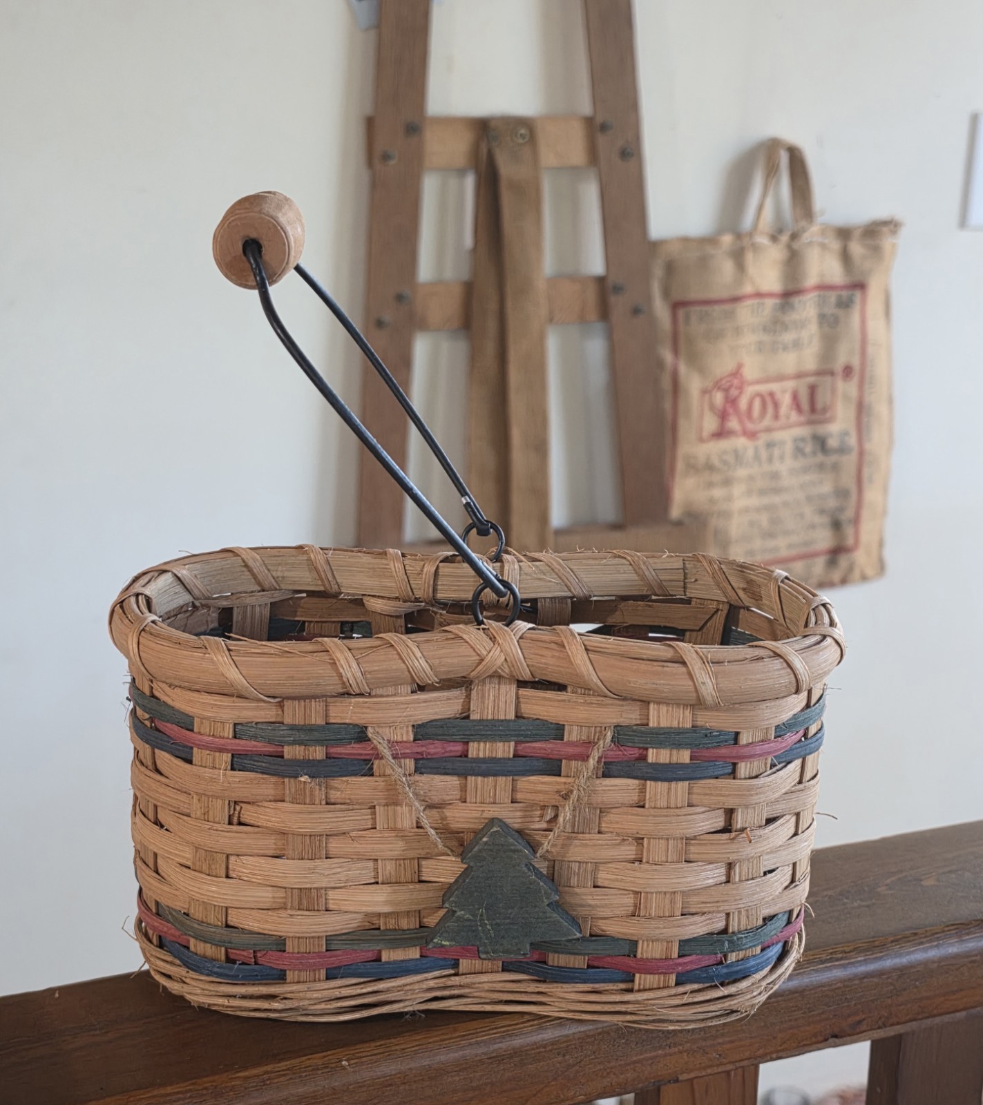 Wonderful Wooden Handle Basket For Decorative Decor or Use w/Dangle Evergreen…