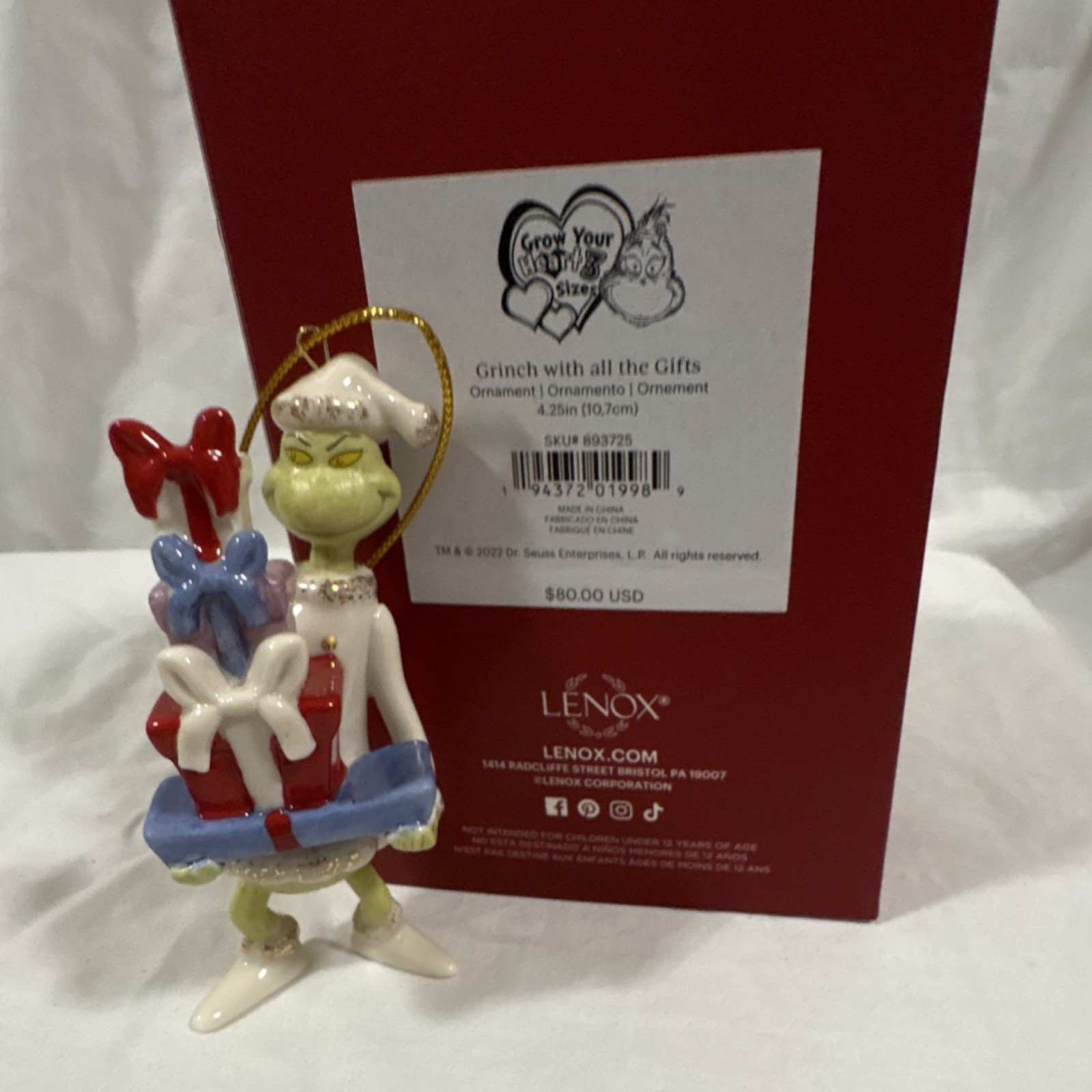 Lenox Dr. Seuss Grinch with Gifts Porcelain Hanging Ornament 4.25in 893725