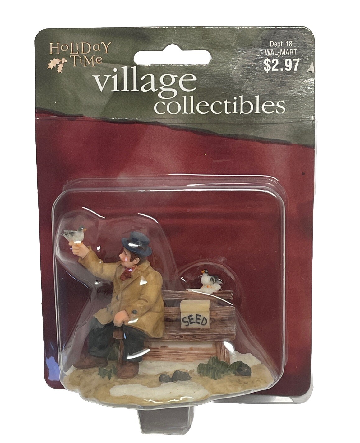 Vintage Holiday Time Village Collectibles Man In Park on Park Bench Feeding Bird