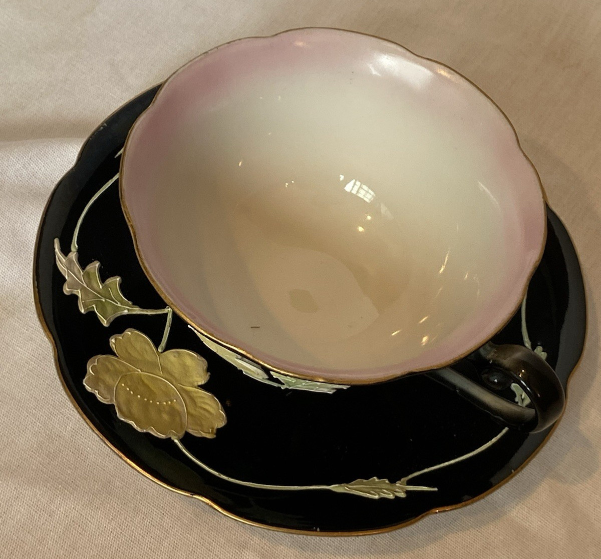Vtg Merit Tea Cup & Saucer Black W/ Yellow Flowers 3D Hand painted Japan China