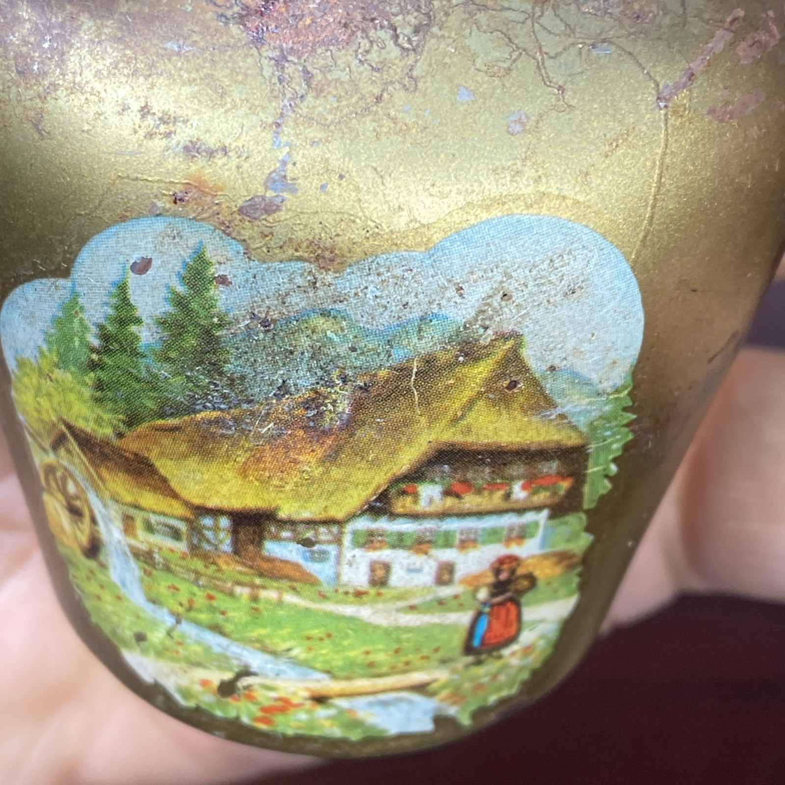 Brass Swiss Cow Bell Multi Color Fringed Leather Strap Vtg 6” Cottage Landscape