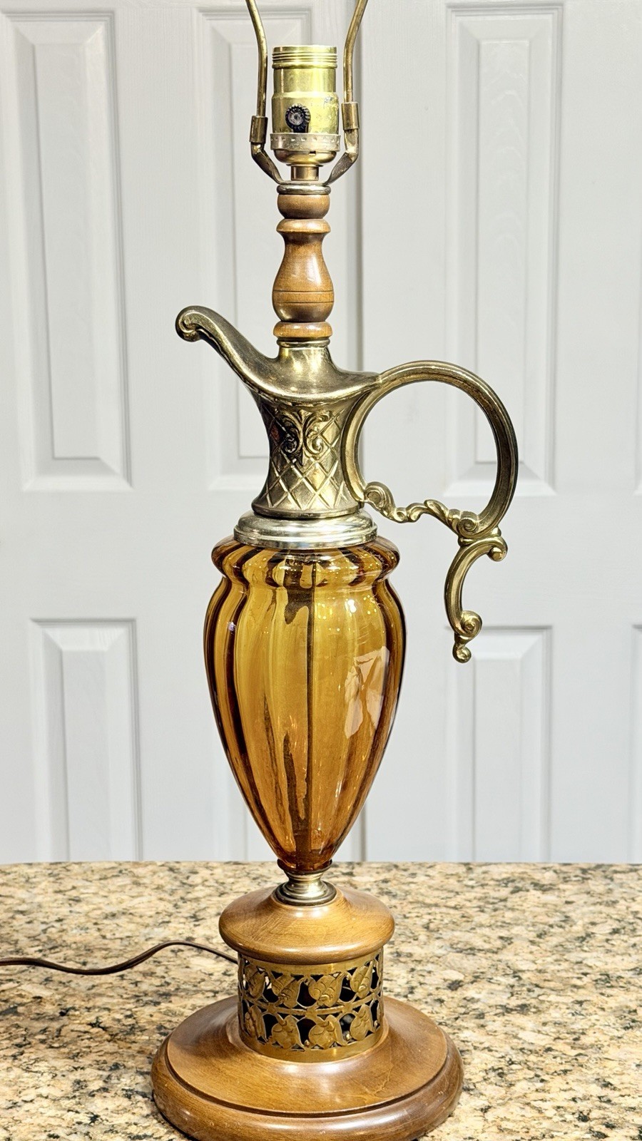 Vintage 60’s Amber Glass Ewer Lamp Brass Genie Style 29” Hollywood Regency