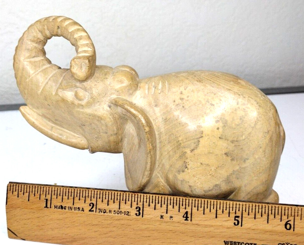 Vintage Petrified Stone Asian Elephant Sculpture Hand Carved 6″ Folk Art 1978