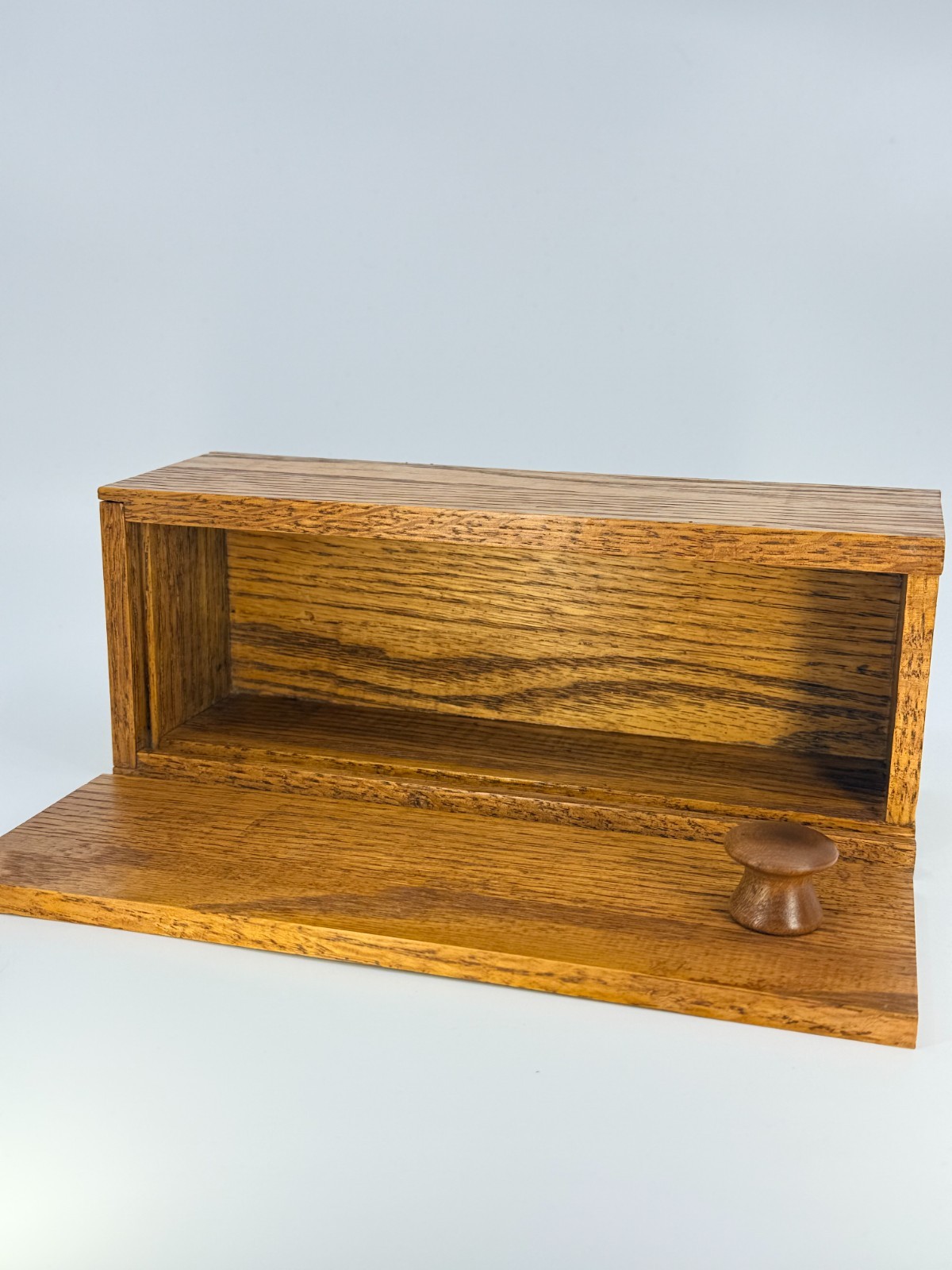 Vintage Oak Trinket Stash Box Wood Knob Handle Rectangle Sliding Lid 3x9x3.5