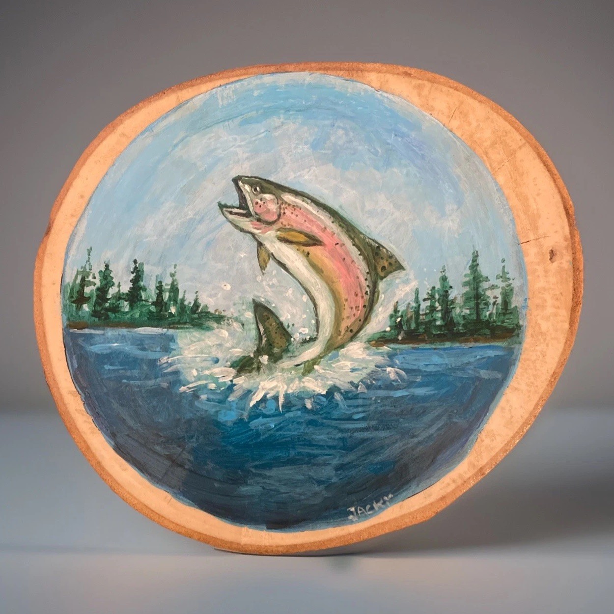Trout Fish Painting Folk Art Jumping Trout Hand Painted Round Wood 7” X 8” Rare!