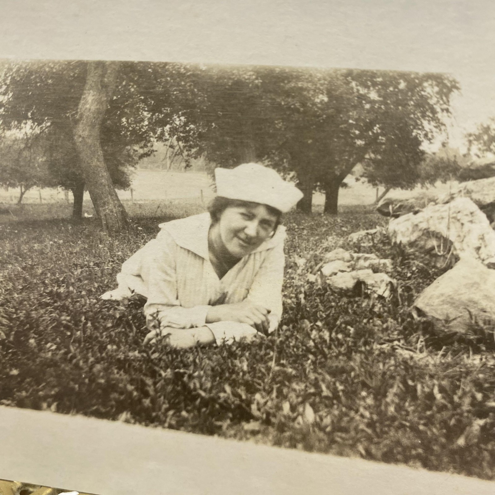 Vintage C1910s Woman Lying In Grass RPPC Real Photo Postcard AZO 3.5×5.5