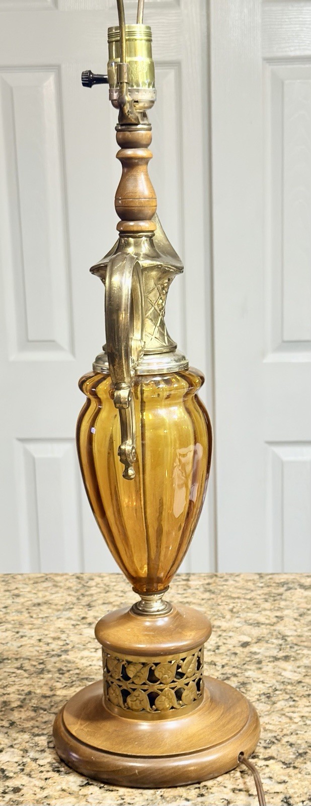 Vintage 60’s Amber Glass Ewer Lamp Brass Genie Style 29” Hollywood Regency