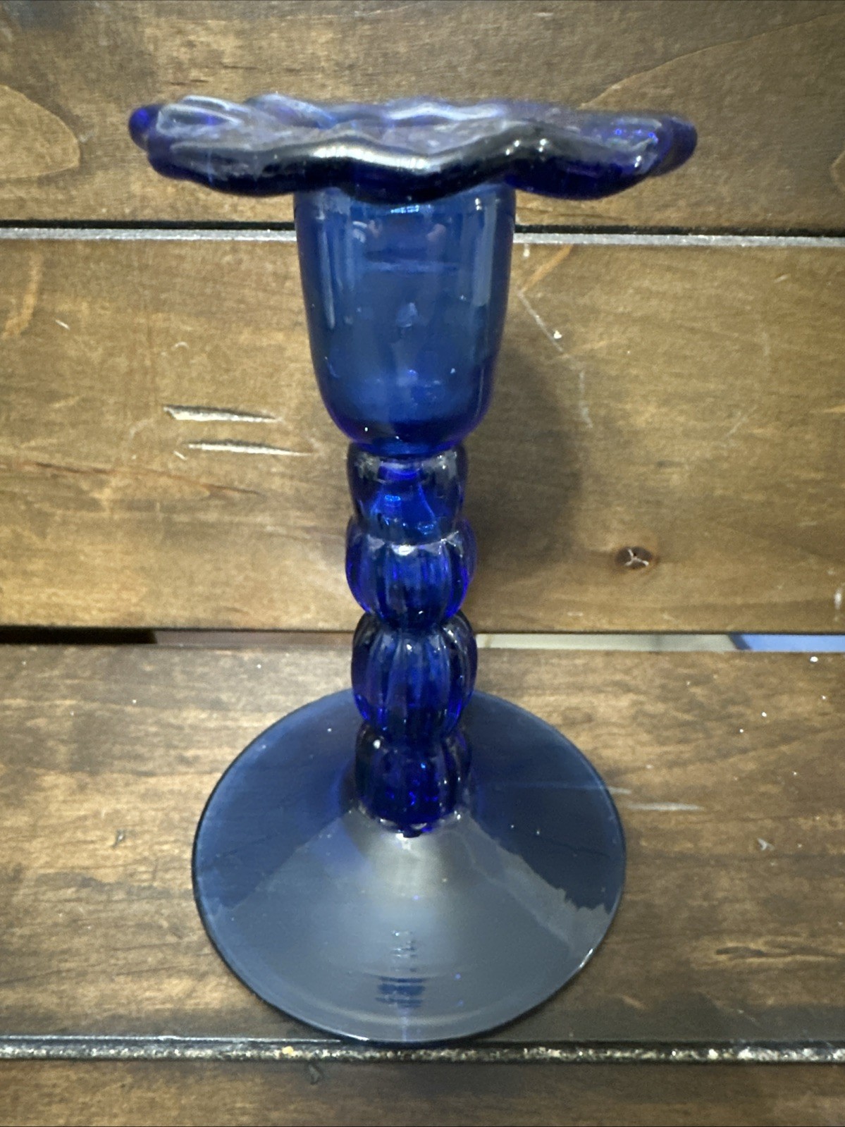Single Vintage Cobalt Blue Candle Holder Taper 6” Tall Pressed Glass