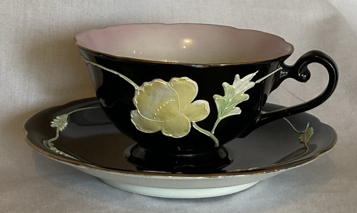 Vtg Merit Tea Cup & Saucer Black W/ Yellow Flowers 3D Hand painted Japan China