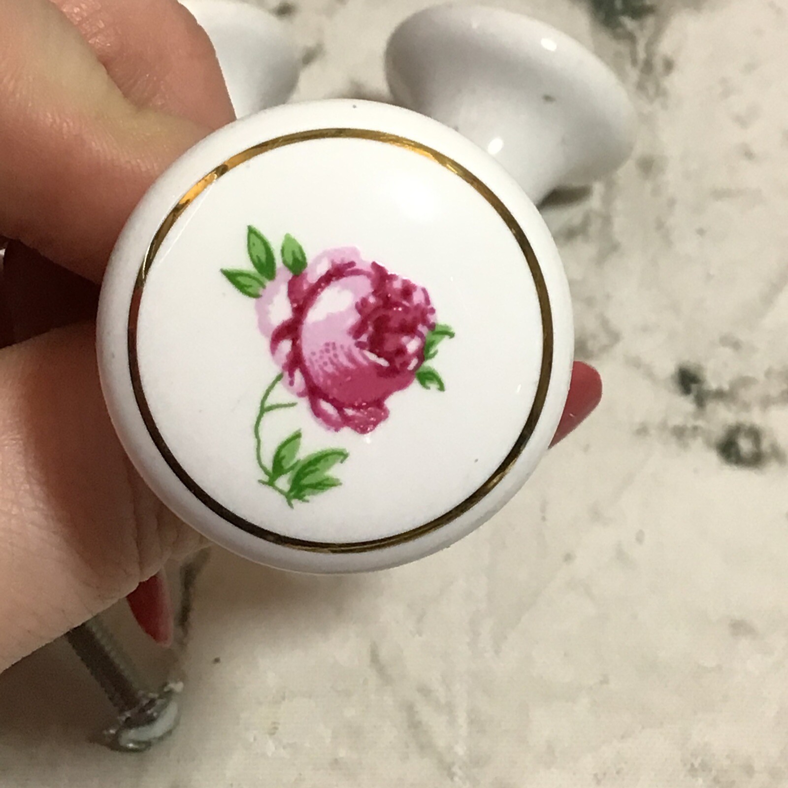 Vintage Drawer Pulls 1.25” Round Ceramic Pink Floral Flowers Knobs Lot Of 4