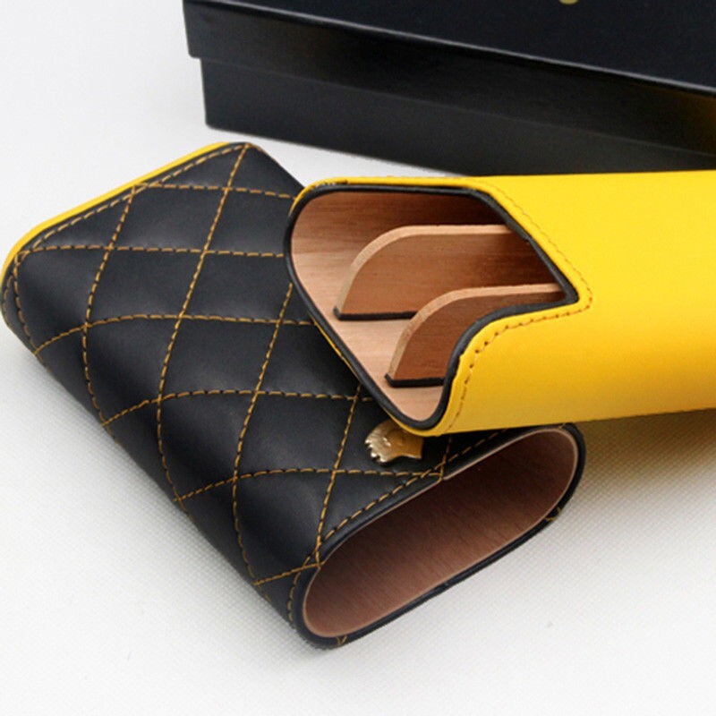 Portable Yellow Black Leather Cedar Wood 3 Ct Cigar Case Holder Travel Humidor