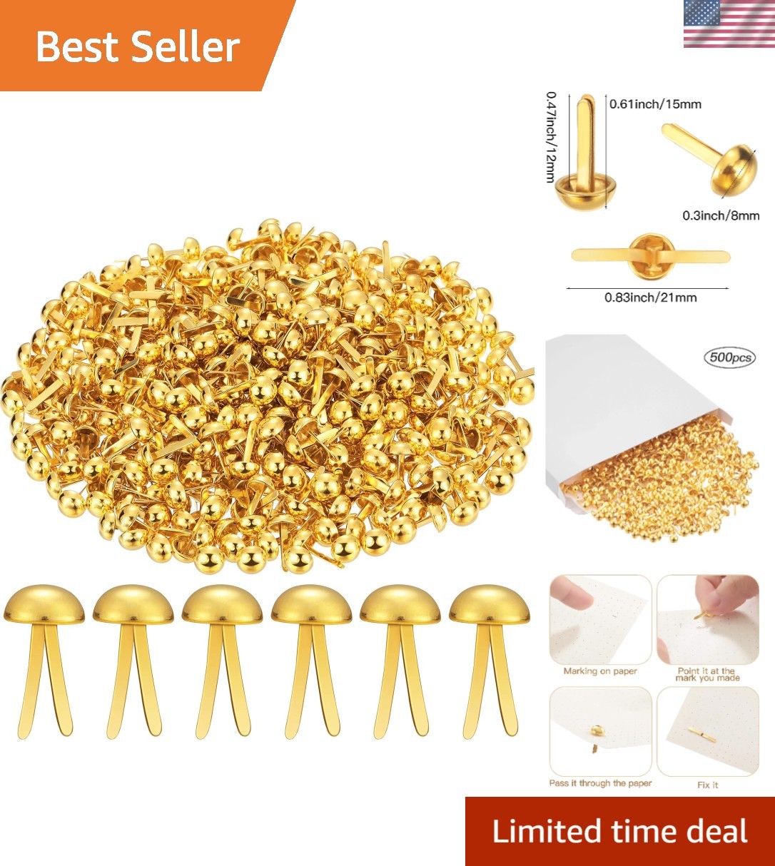 Golden Brass Paper Fasteners – 500 Pcs for Scrapbooking & Crafting, 0.3 x 0.6 In