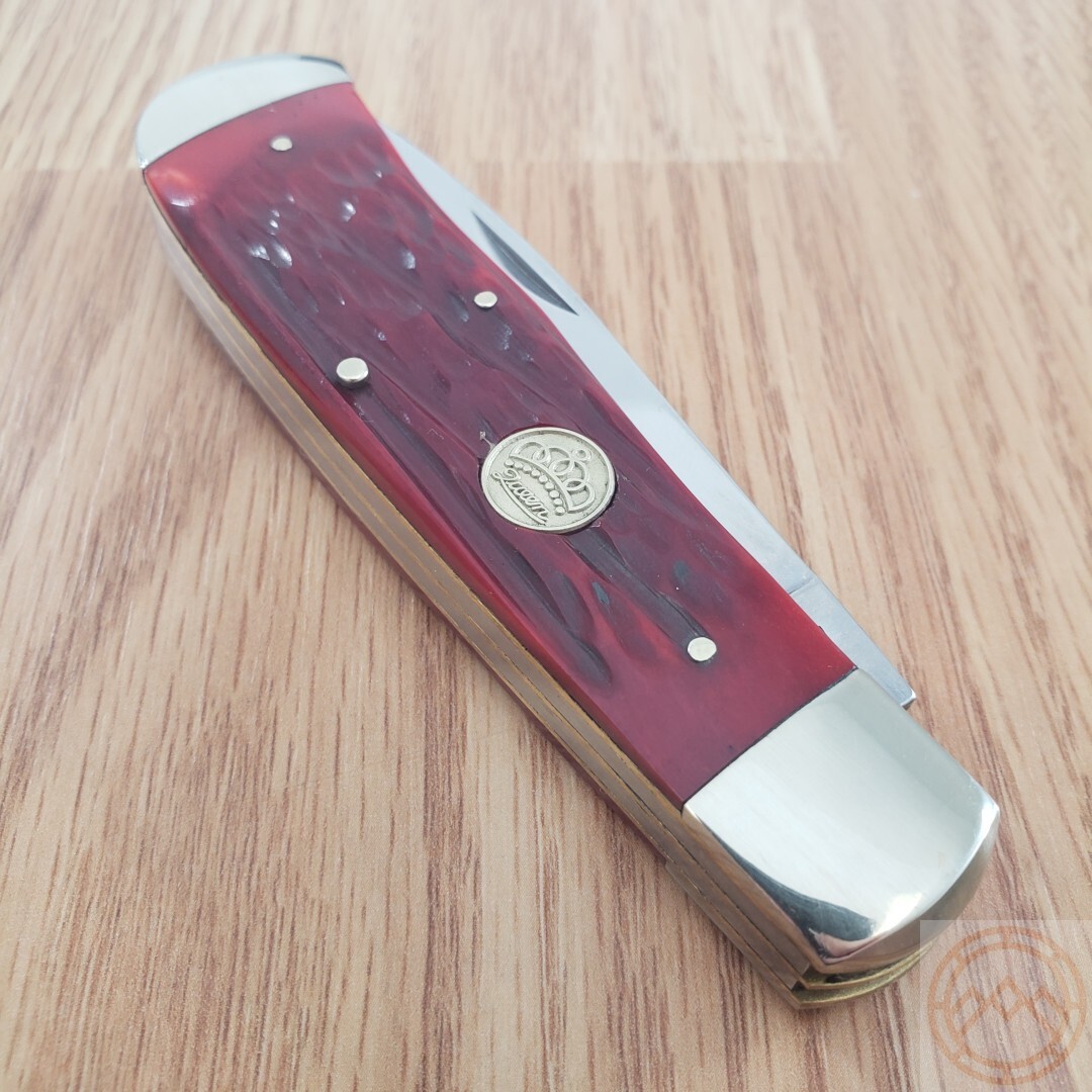 Queen Big Boy Trapper Pocket Knife 1095 Steel Blades Red Jigged Bone Handle 7555
