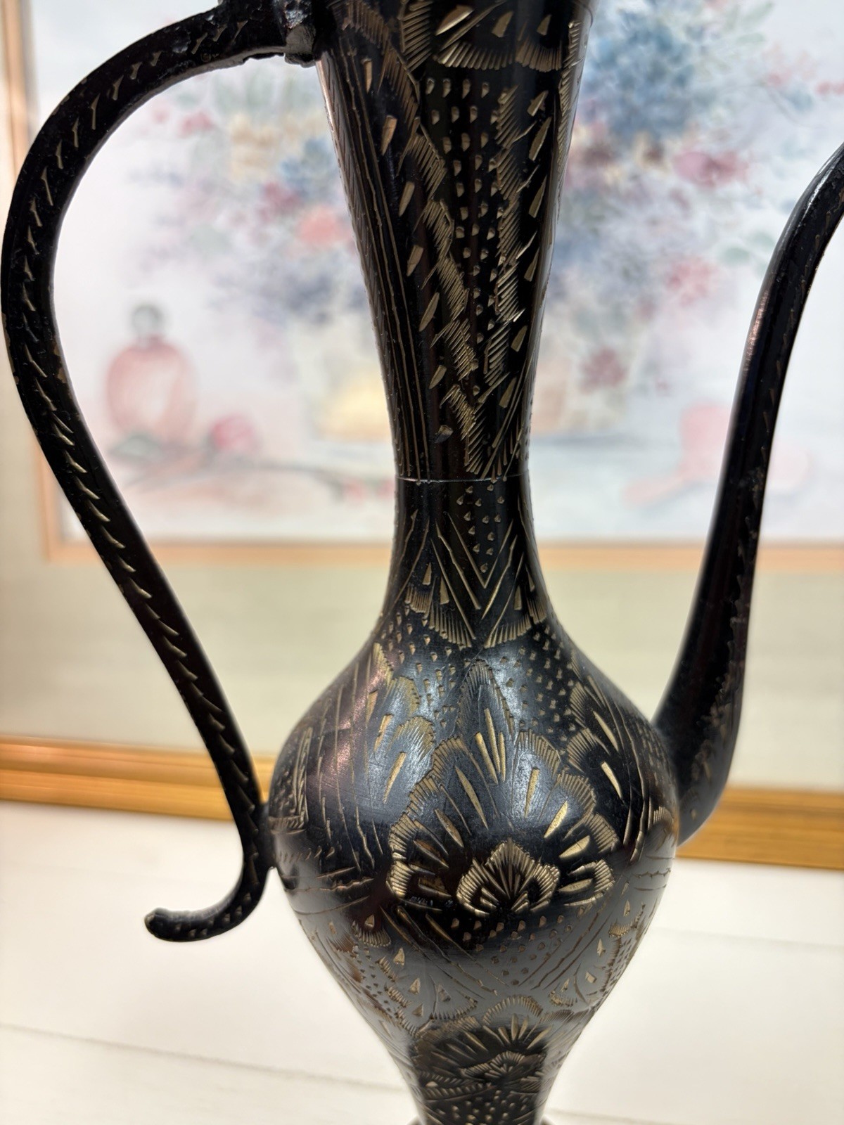Black Metal Decorative Decanter Ewer w/Long Spout, Lid & Stopper Included 14.5”H