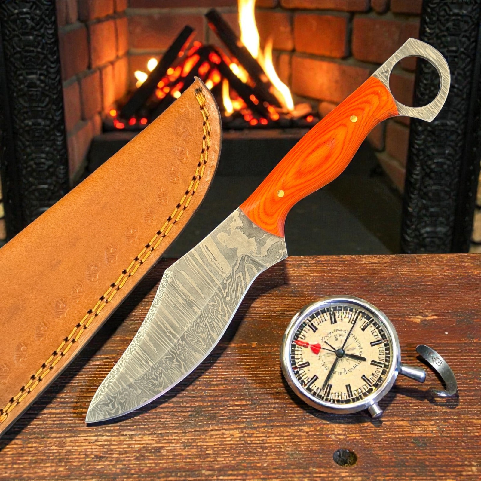 8.25″ Firestorm Damascus Steel Drop Point Skinner Hunting Knife TX 1272 m
