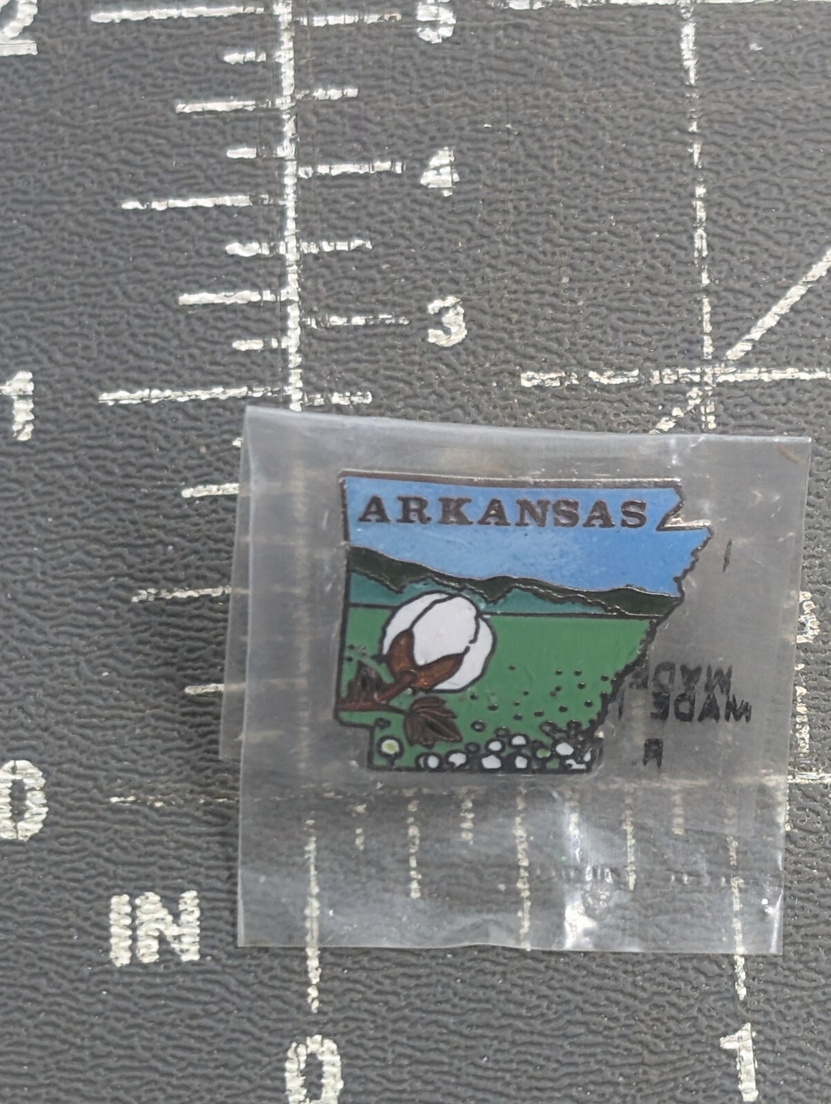 Arkansas State Map Cotton Field Mountain Scene Souvenir Pin Vintage Mafco NOS