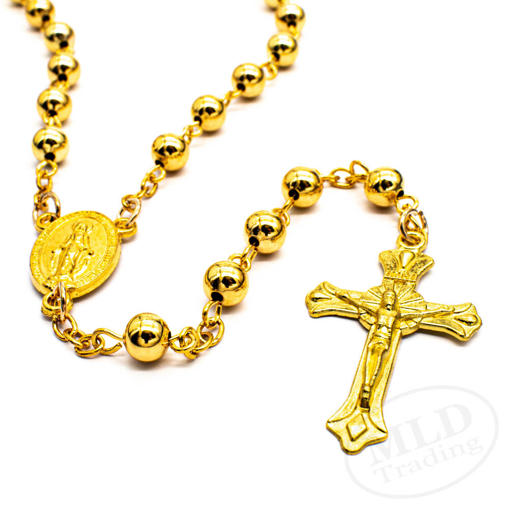 Gold Tone Metal Catholic Rosary Necklace 6mm Round Prayer Beads Virgin Mary
