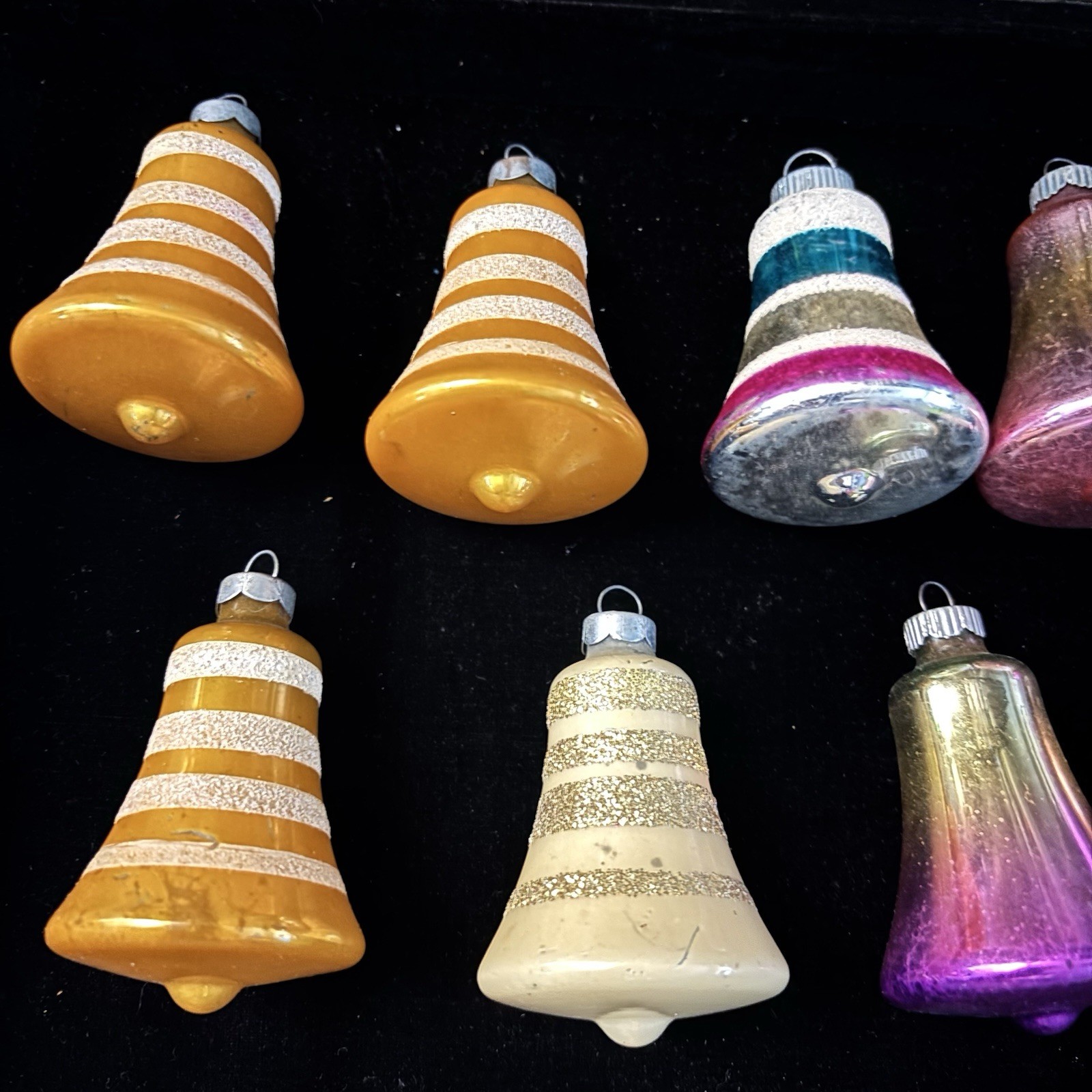 SHINY BRITE Vtg Sugared Colored Mica Striped Bell Ornaments And Ombré Set Of 9