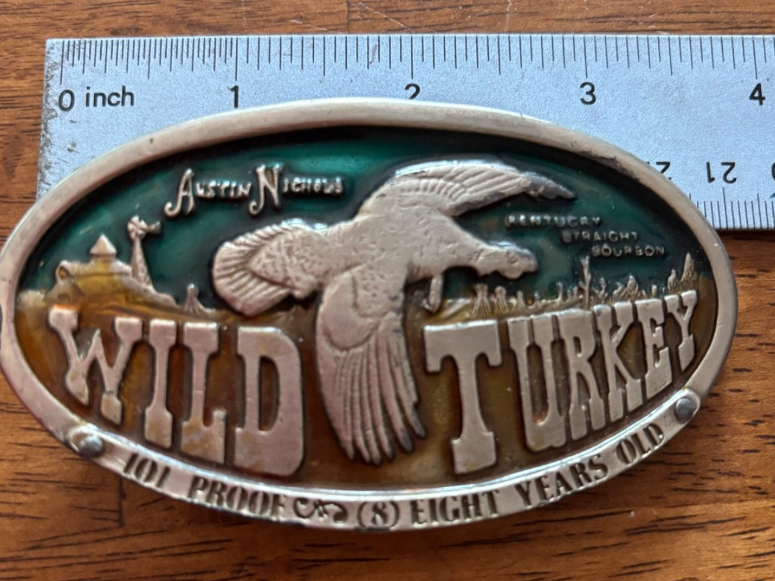 VINTAGE AUSTIN NICHOLS WILD TURKEY BELT BUCKLE 101 BOURBON WHISKEY BERGAMOT