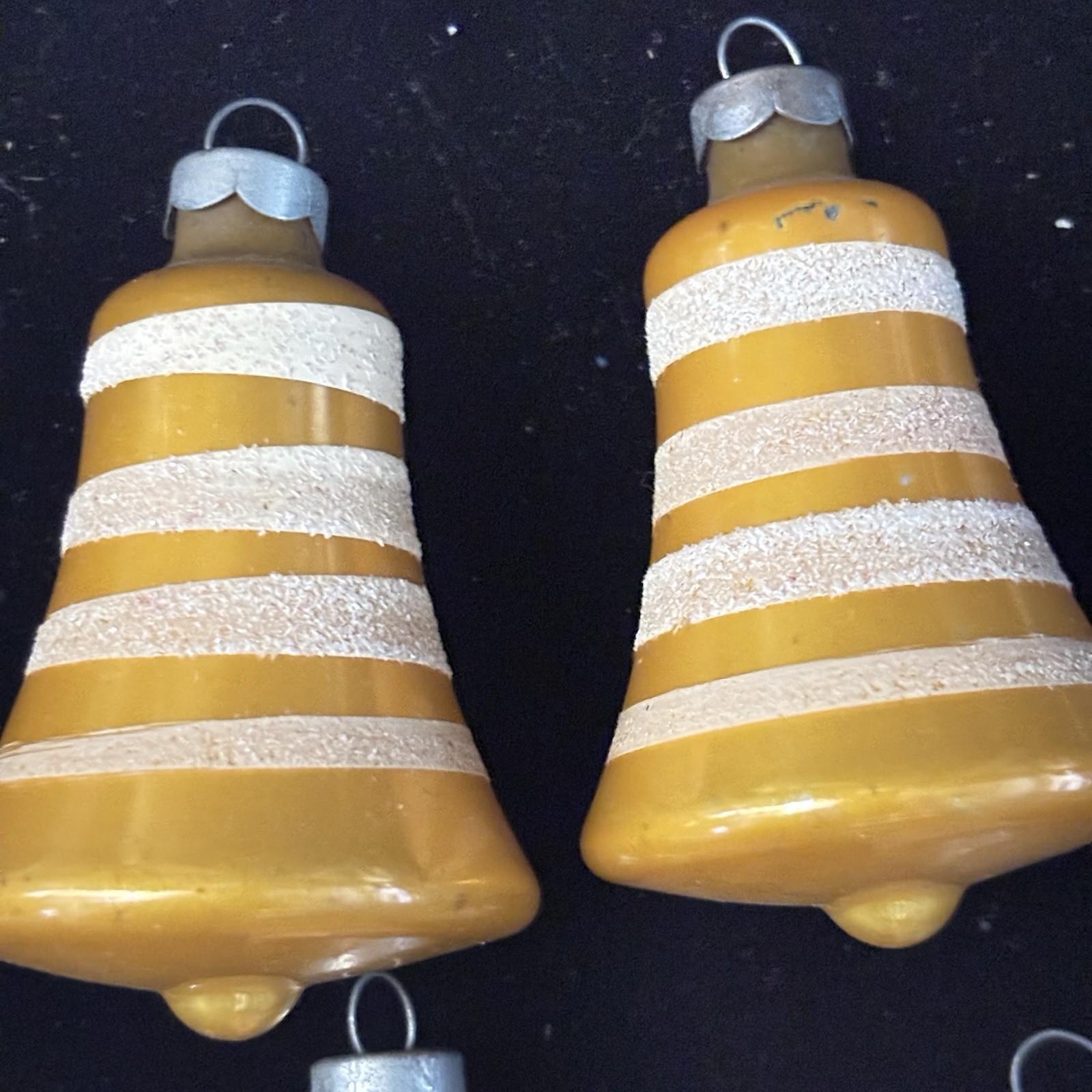 SHINY BRITE Vtg Sugared Colored Mica Striped Bell Ornaments And Ombré Set Of 9