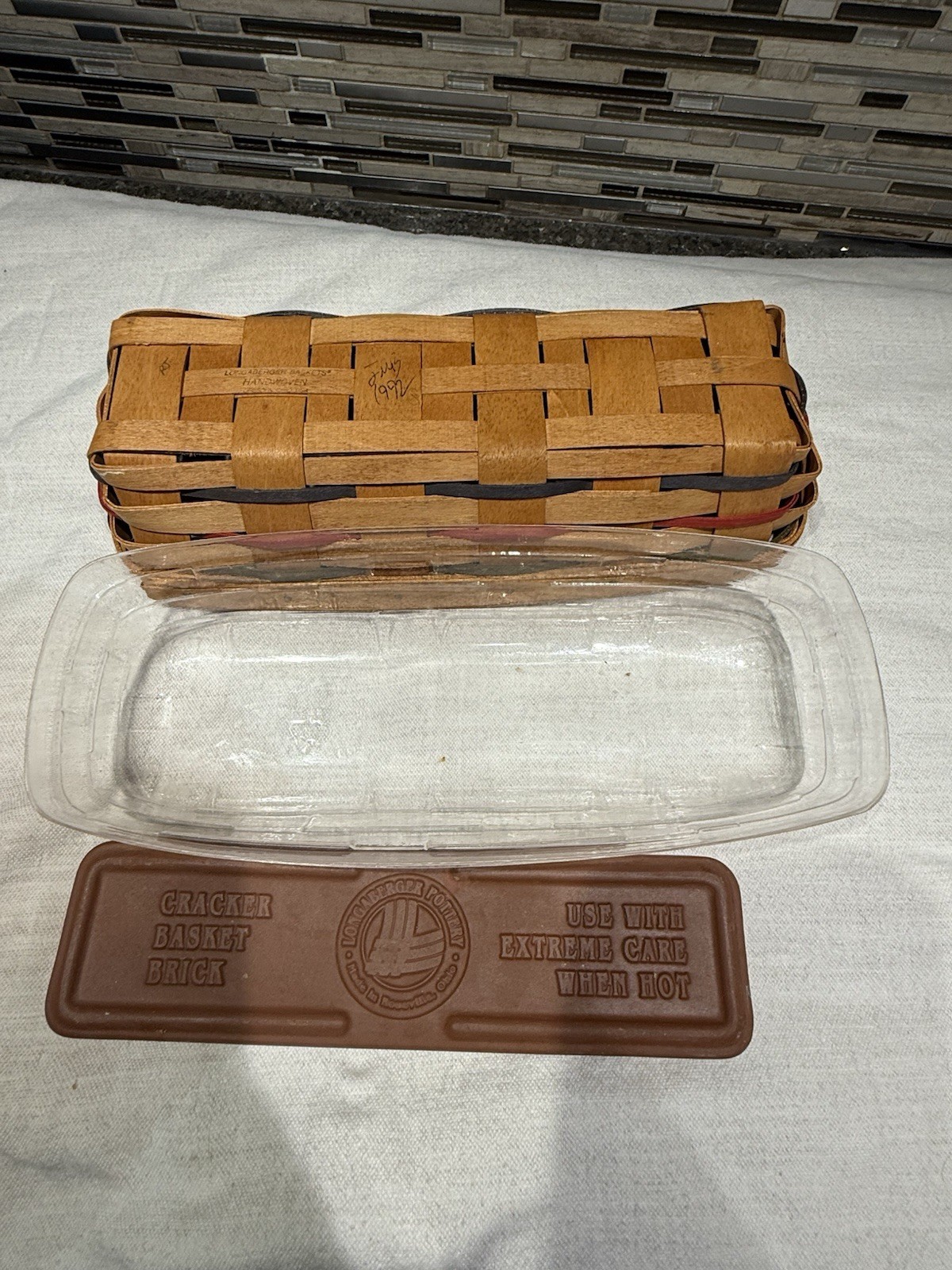 Longaberger 1992 Cracker Basket with Warming Brick -plastic Liner 11.5″ x 5″