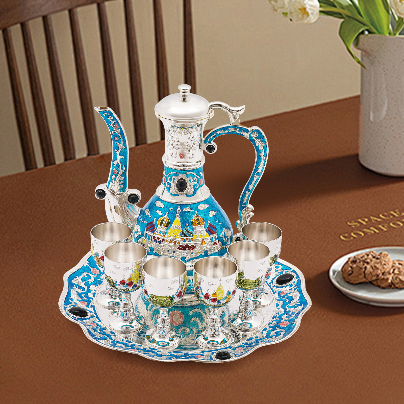 Antique Zinc Alloy Tea Set 800ml Teapot 6 × 50ml Cups Castle Pattern