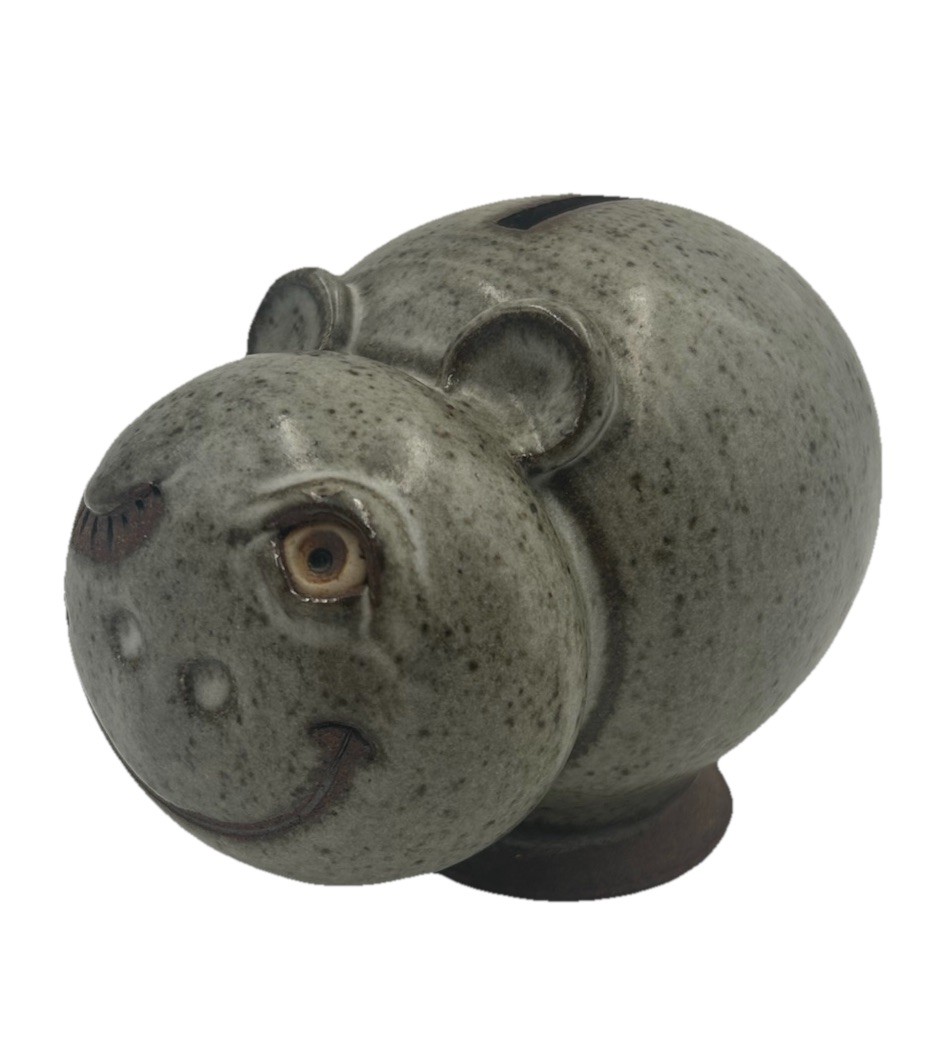 Vintage Stoneware Winking Hippo Piggy Bank w/Plug Stamped