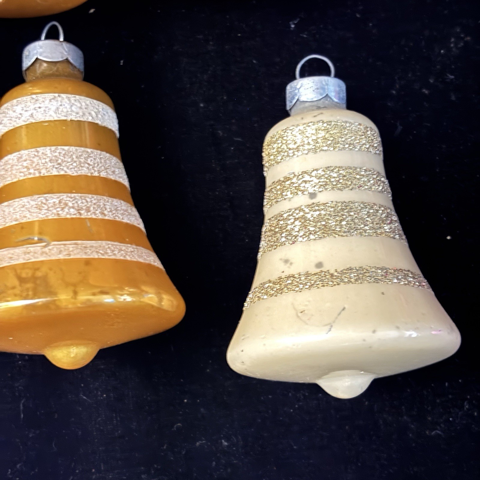 SHINY BRITE Vtg Sugared Colored Mica Striped Bell Ornaments And Ombré Set Of 9