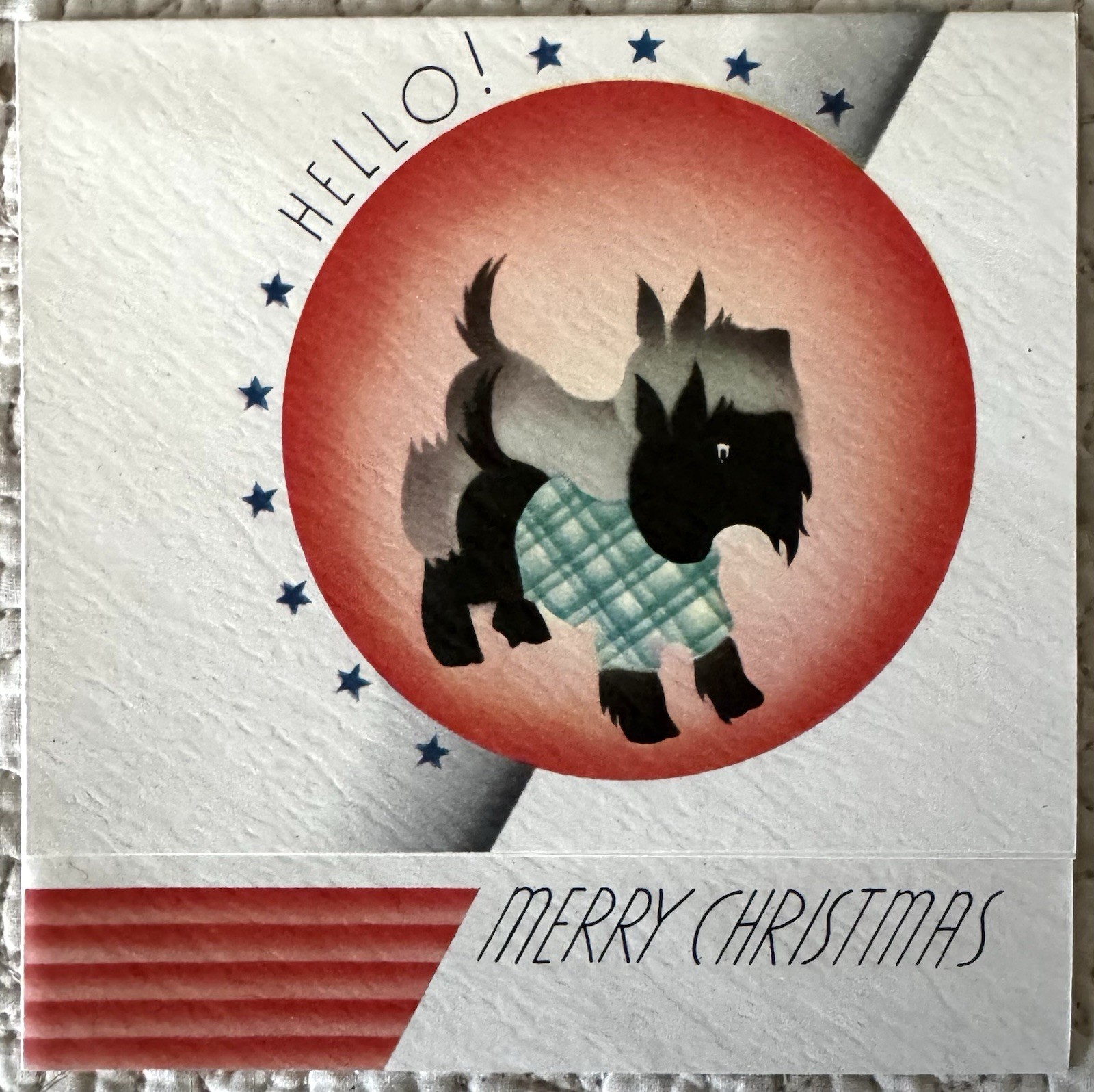 Unused Christmas Scottie Dog Reflection Art Deco Vtg Greeting Card 1930s 1940s R