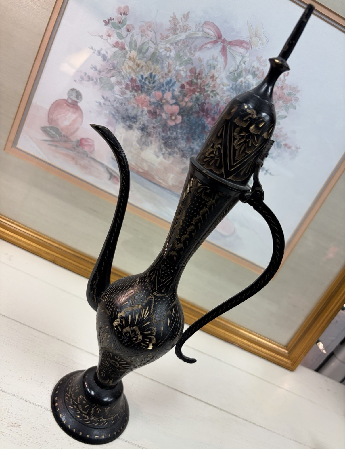 Black Metal Decorative Decanter Ewer w/Long Spout, Lid & Stopper Included 14.5”H