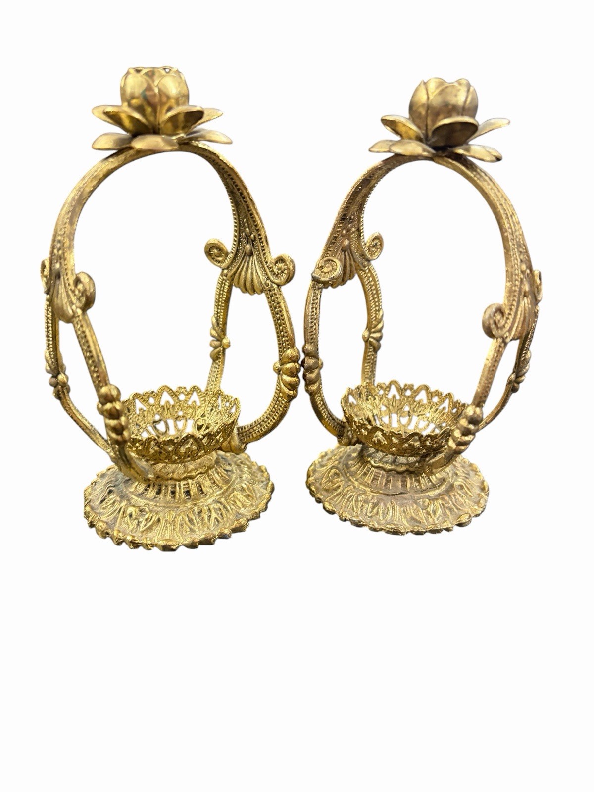 Hollywood Regency Pair Sphere/Egg Cages & Mini Candle Holder Ornate Gilt Metal