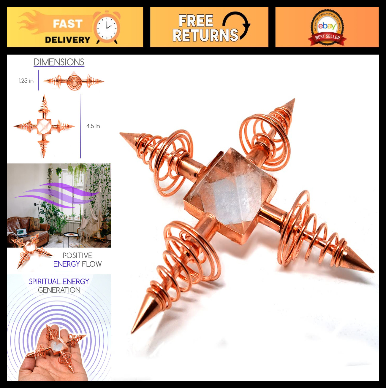 Copper Energy Generator with Quartz Pyramid & Coils for Healing, Reiki, Chakra B