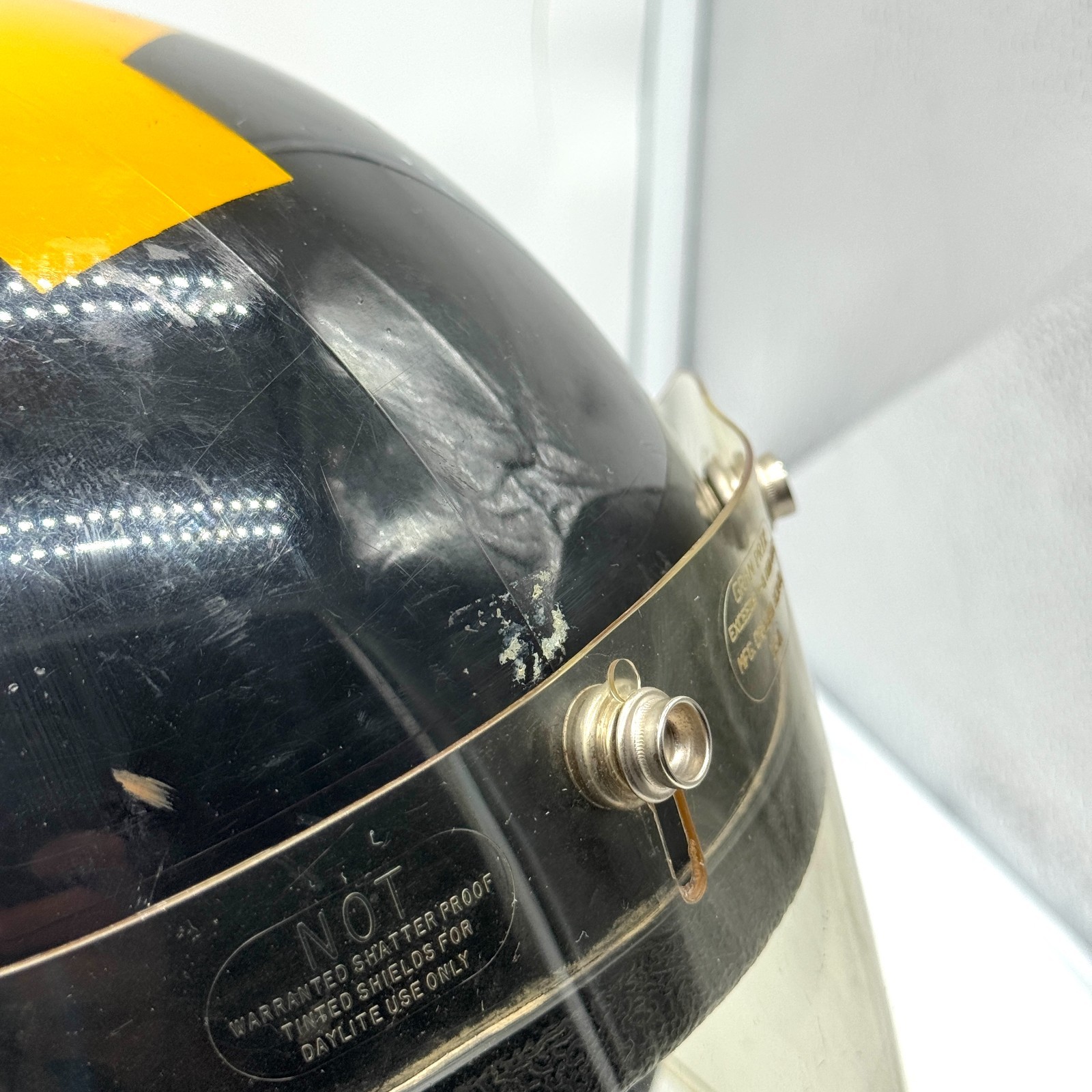 Vintage Motorcycle Helmet 70s Black w/ Yellow Stripe and Visor Sz M Decoration