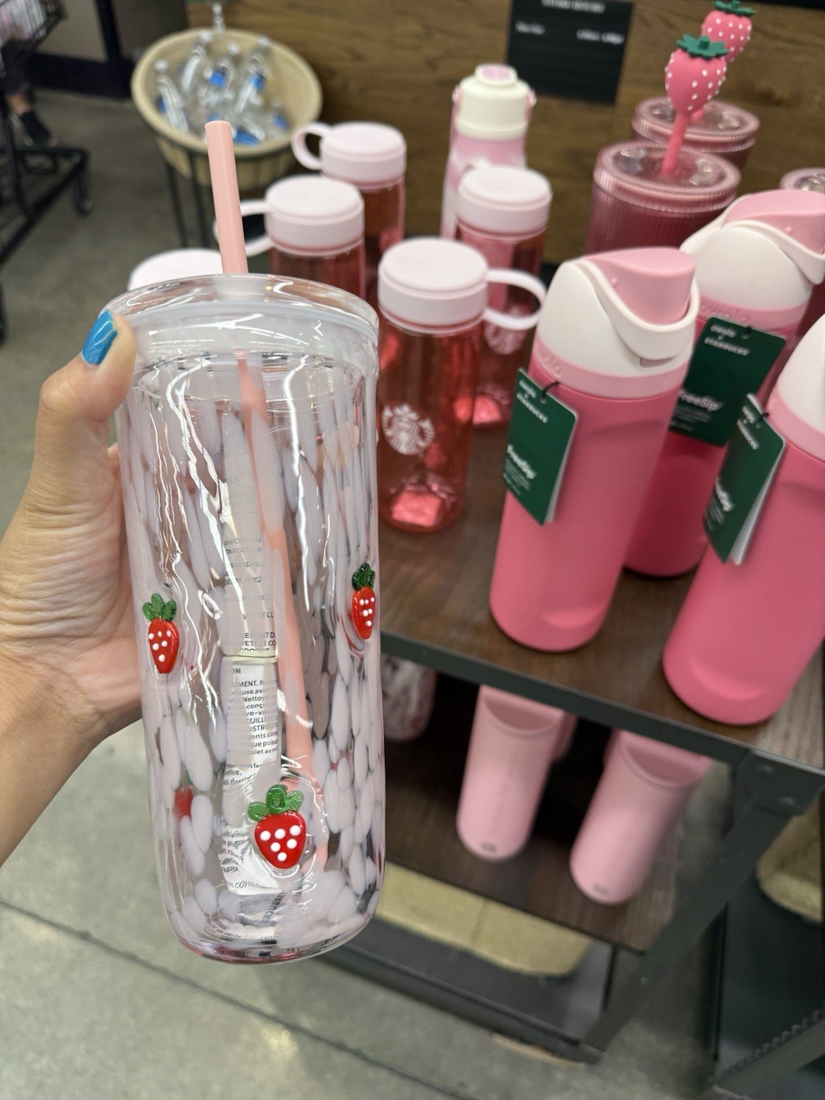 Starbucks LIMITED EDITION Pink Strawberry Print Glass Cup Tumbler w/ Lid & Straw