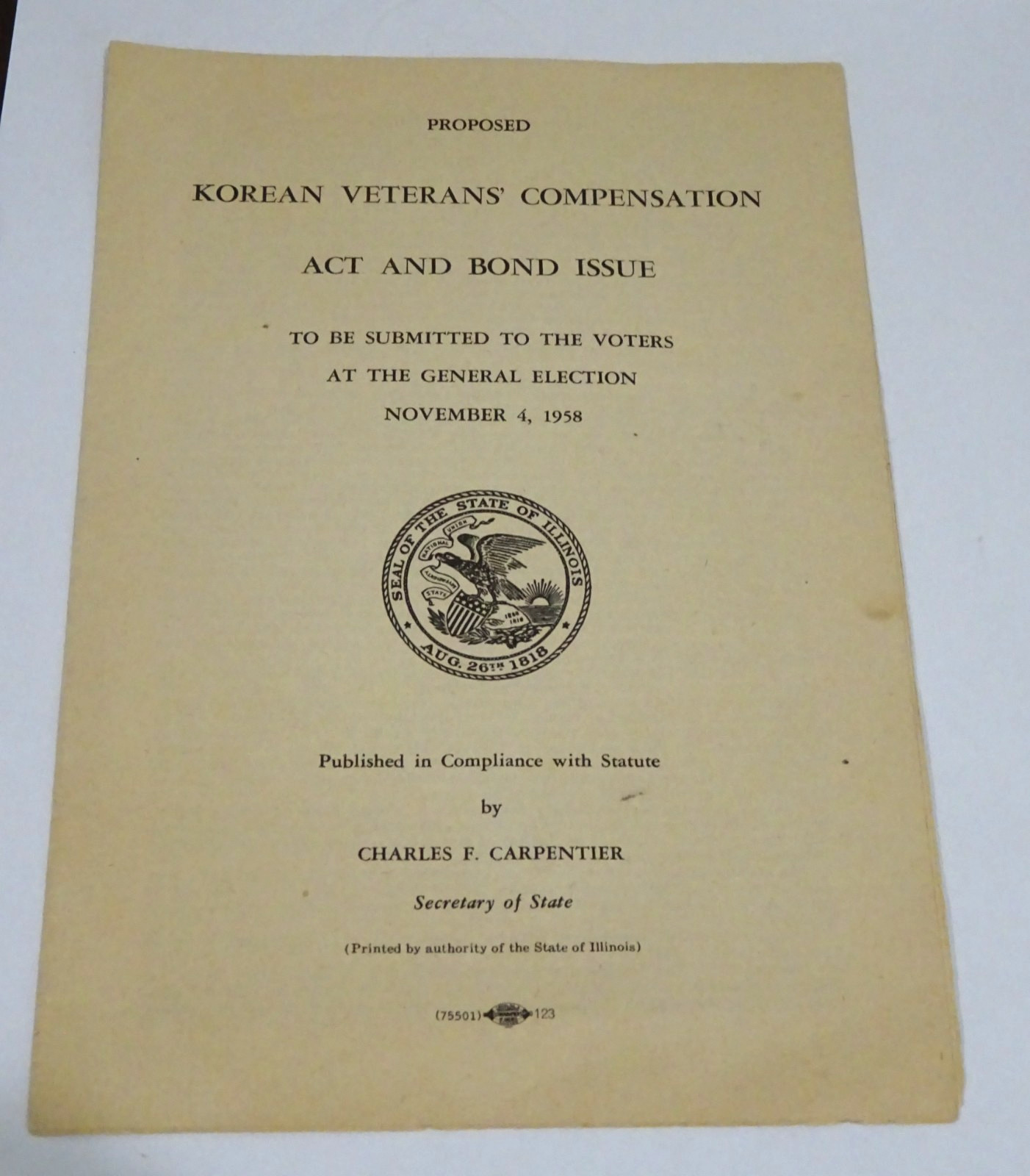 RARE VTG 1958 Korean War Veterans Compensation ACT BOND Issue Voters Pamphlet IL