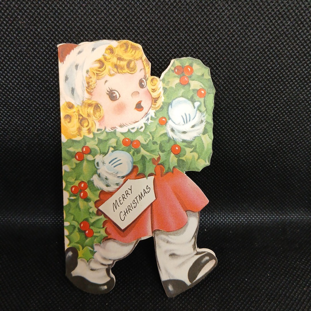 VINTAGE Girl & Garland Christmas Diecut Card Signed A-meri-card 4in