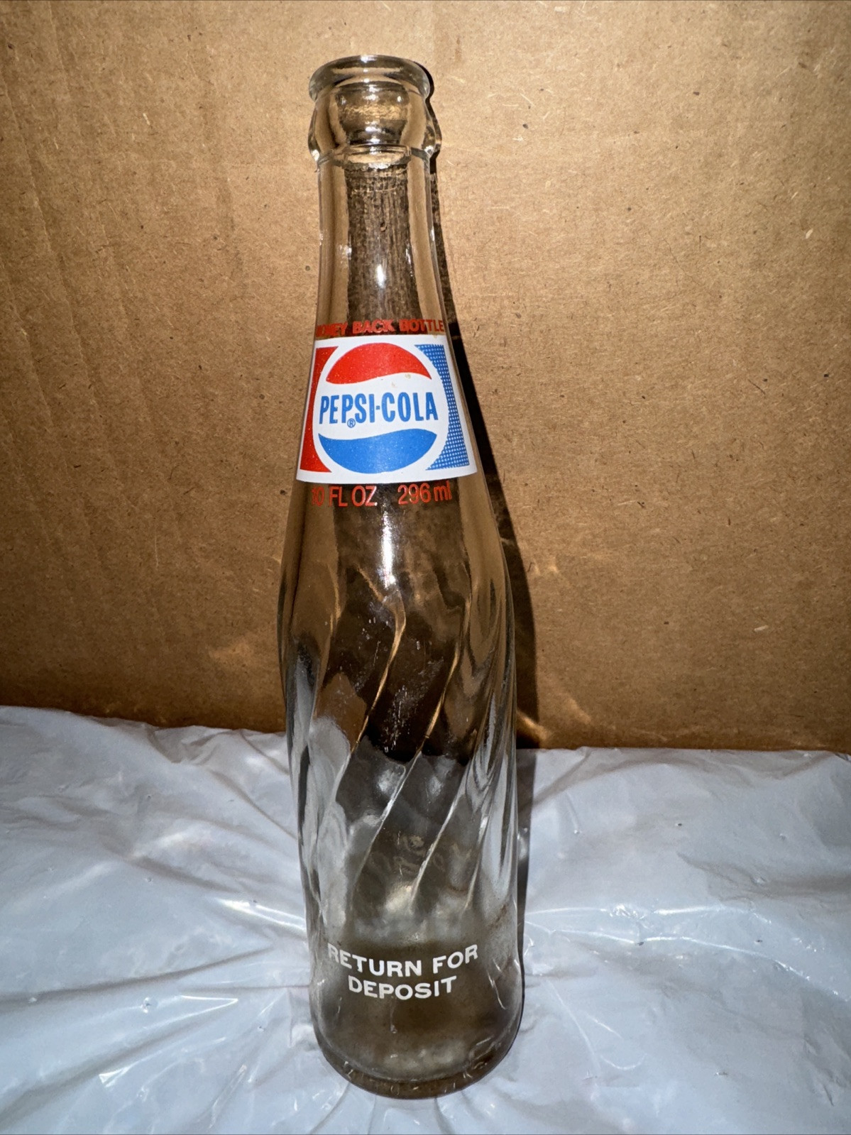Old Vintage Pepsi Cola Glass 10 oz Return For Deposit Money Back Bottle Swirled