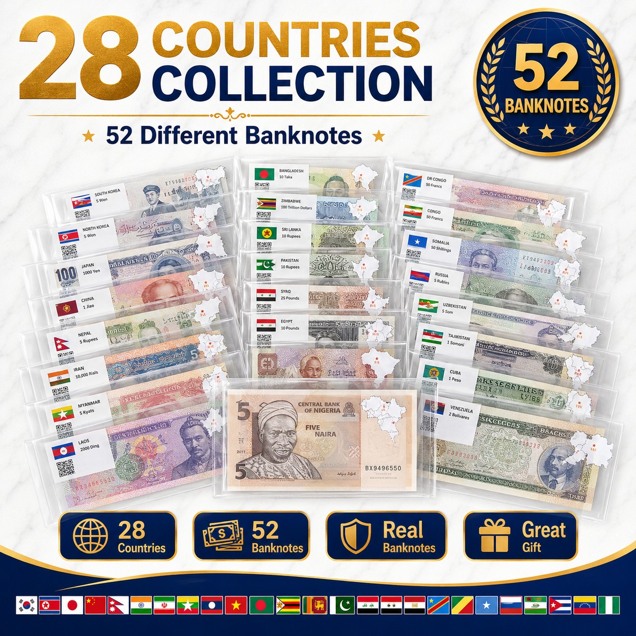 US 52 Pcs Banknotes Lot Different Countries World Paper Money Foreign UNC Gifts