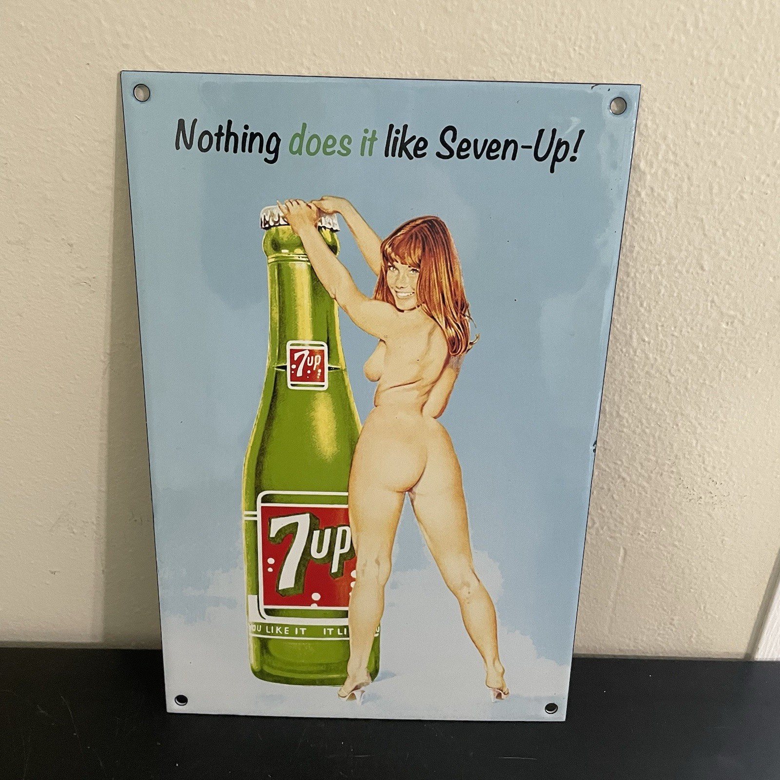 VINTAGE 7UP SODA POP LADY GASOLINE MOTOR OIL PORCELAIN SIGN
