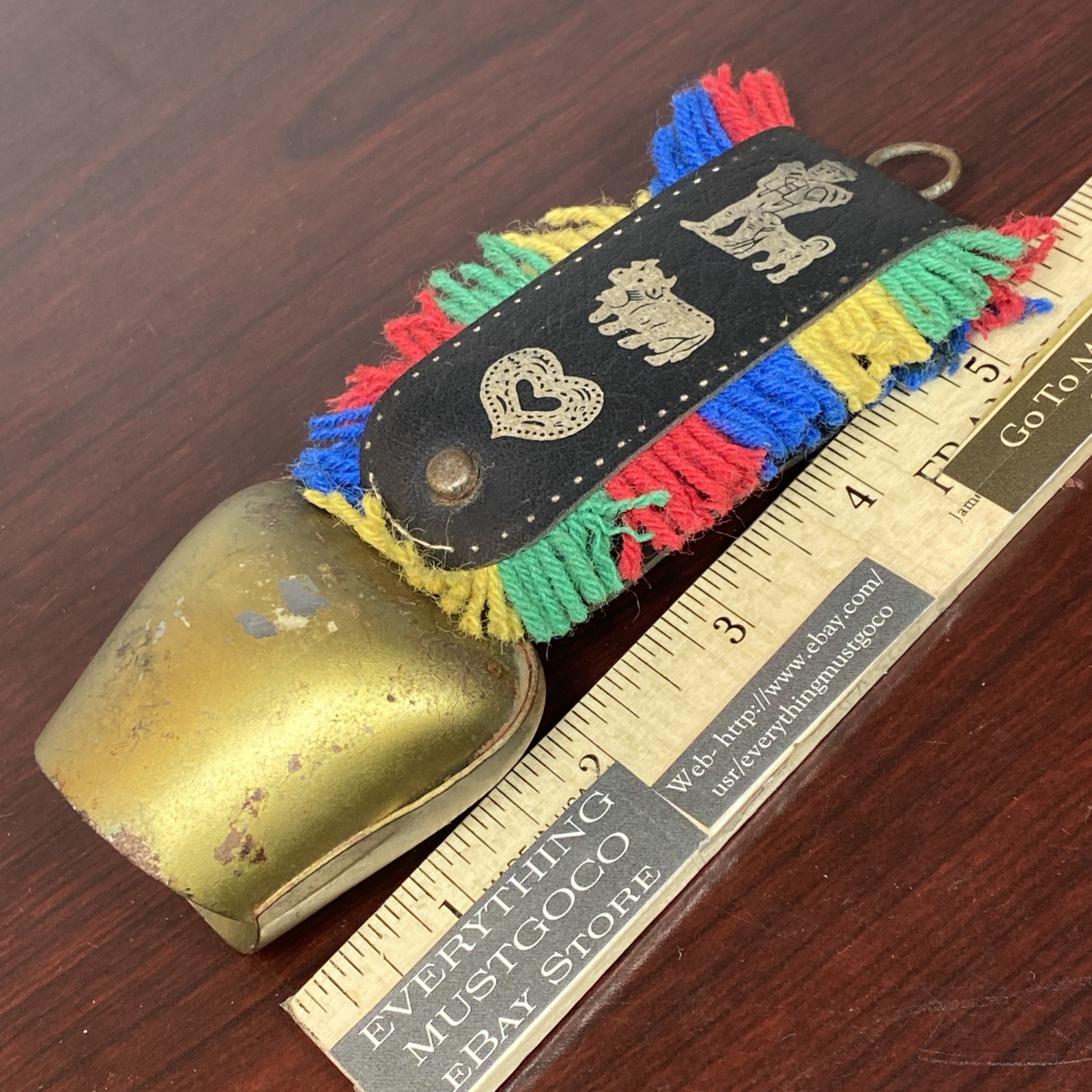 Brass Swiss Cow Bell Multi Color Fringed Leather Strap Vtg 6” Cottage Landscape