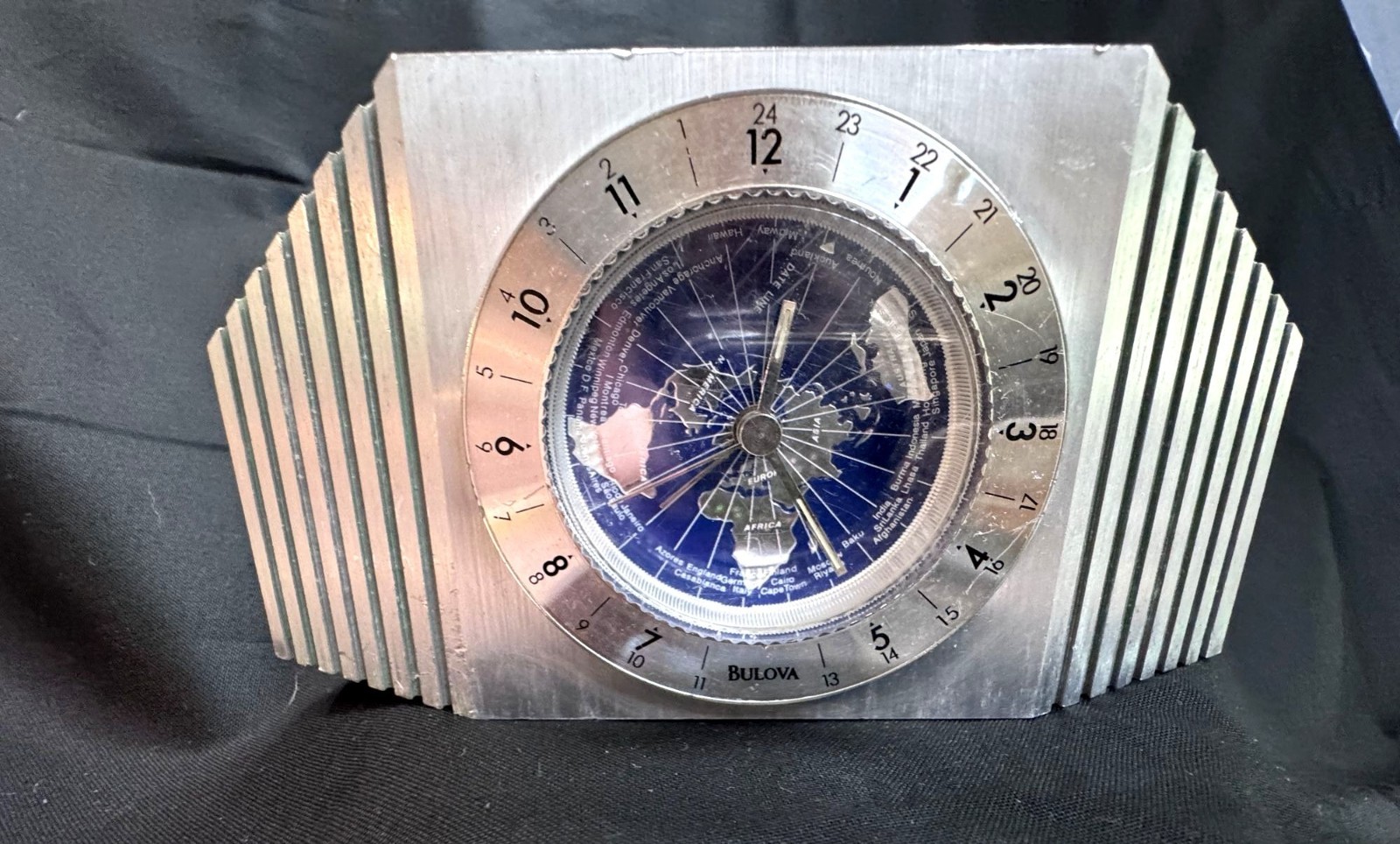 Bulova MCM World Time Clock Space Age Chrome Art Deco Style – WORKS