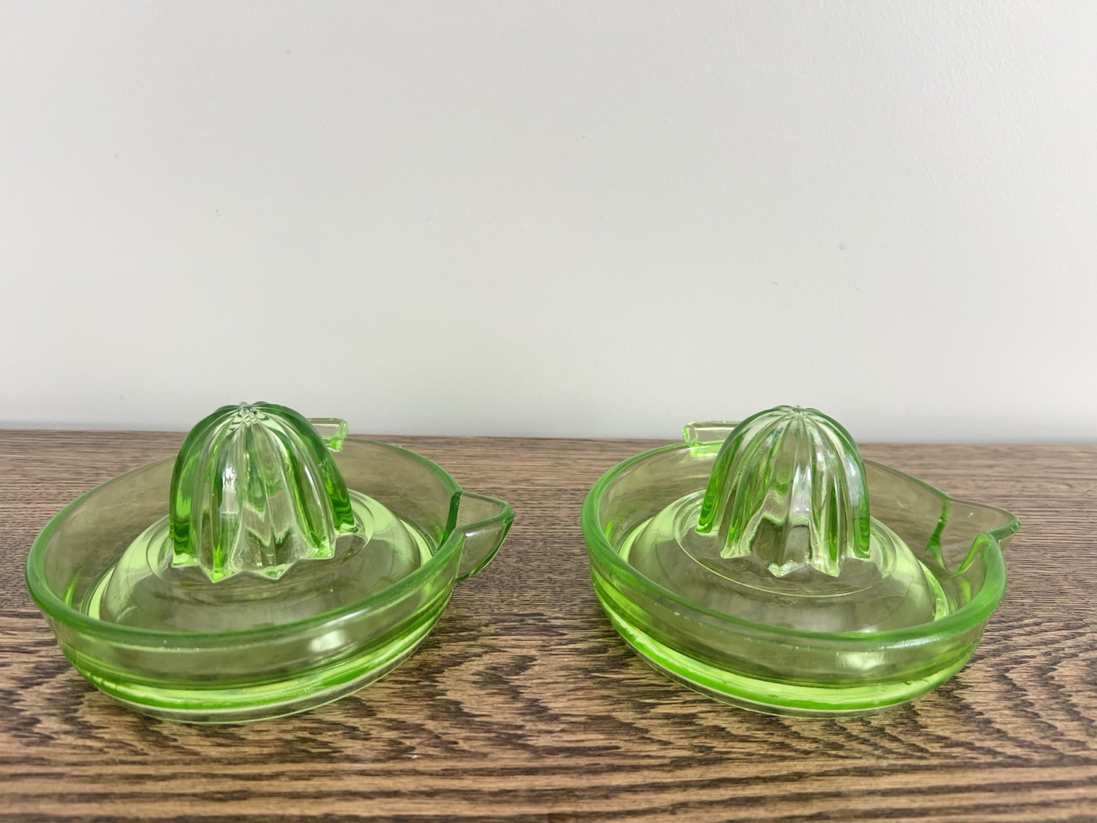 Vintage Green Uranium Glass Juicer Set of 2 Pour Spout Included