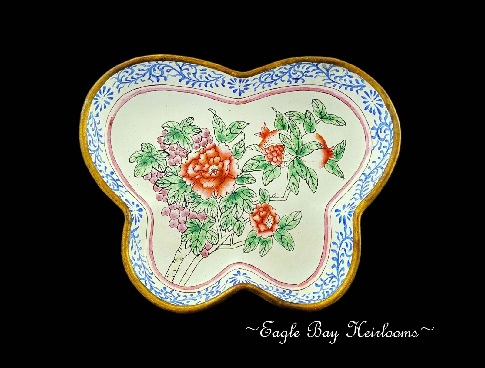 c1950 Chinese Enameled Butterfly-Shape Pin Tray, Peonies, Polychrome Enamel 6″