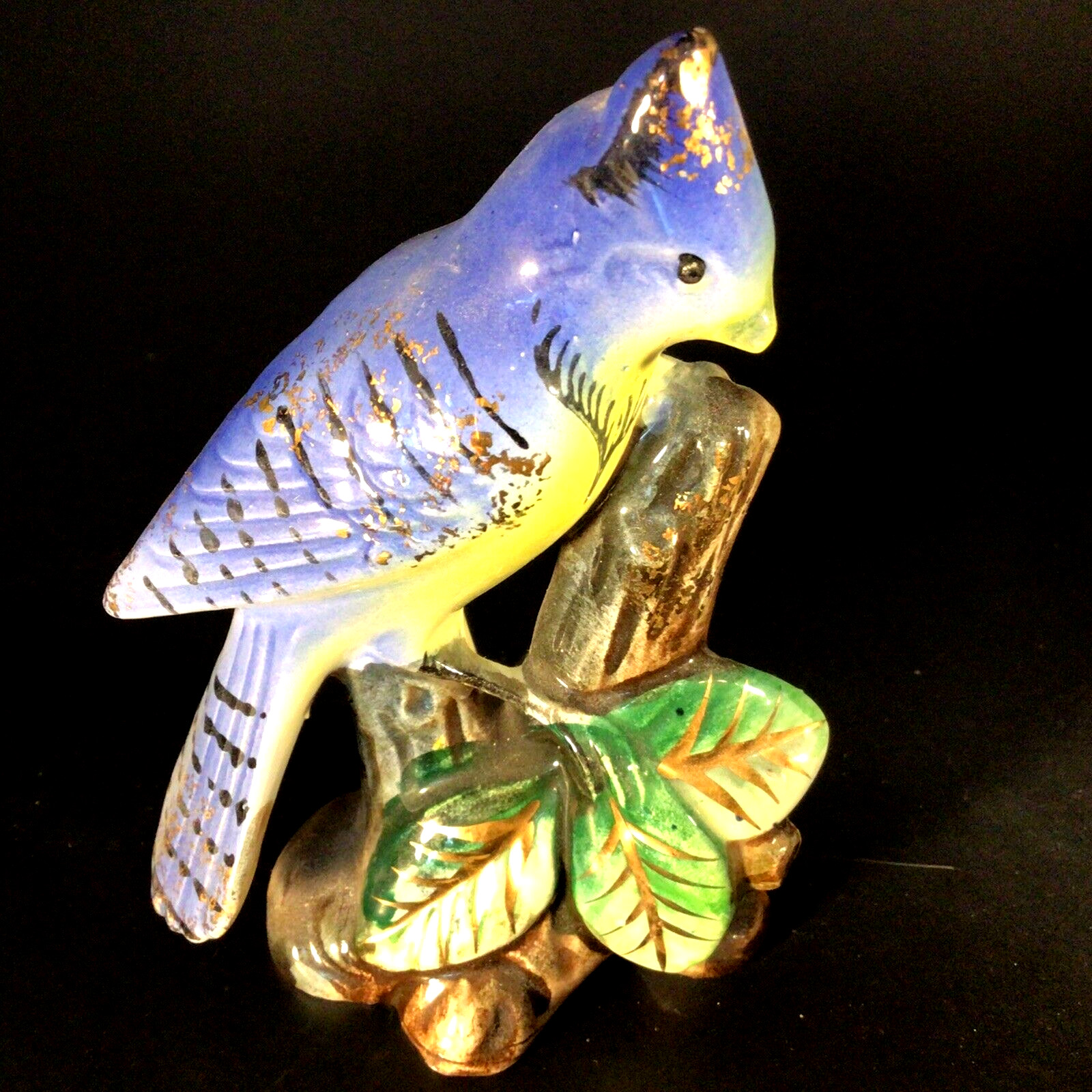 BLUE JAY FIGURINE PORCELAIN WITH BRUSHED GOLD ACCENT HIGH GLOSS VINTAGE JAPAN
