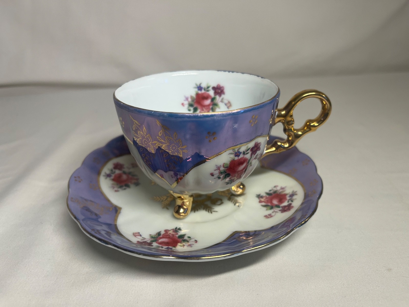 AACO Vintage Iridescent Blue Luster Floral Teacup and Saucer