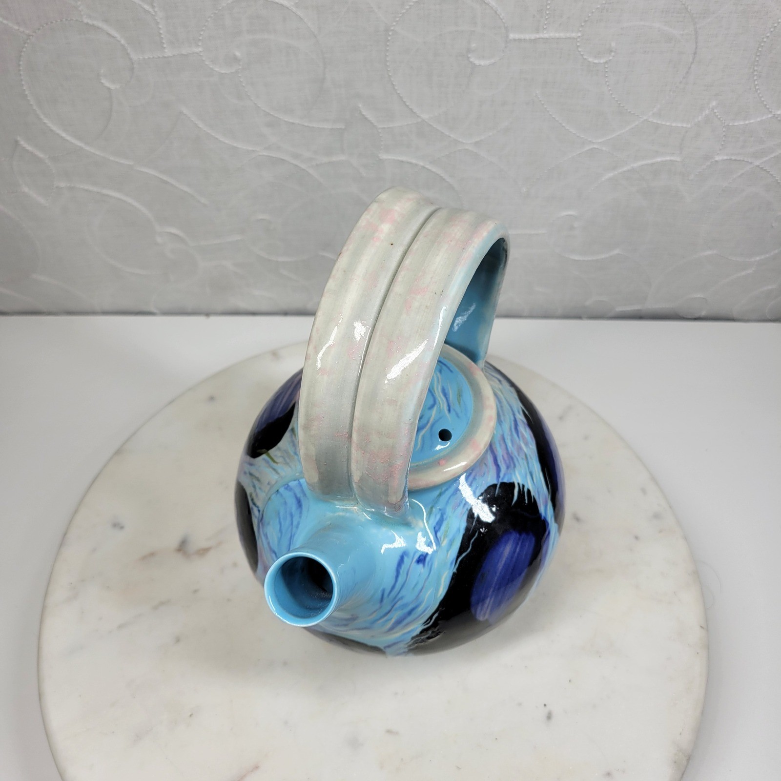 Earline Allen Fine Art Pottery Teapot Set 5 Cups Blue Abstract Artisan Signed