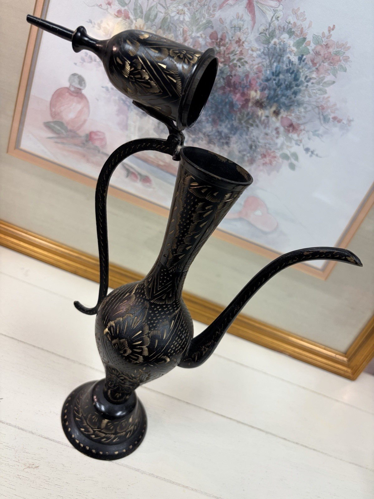 Black Metal Decorative Decanter Ewer w/Long Spout, Lid & Stopper Included 14.5”H
